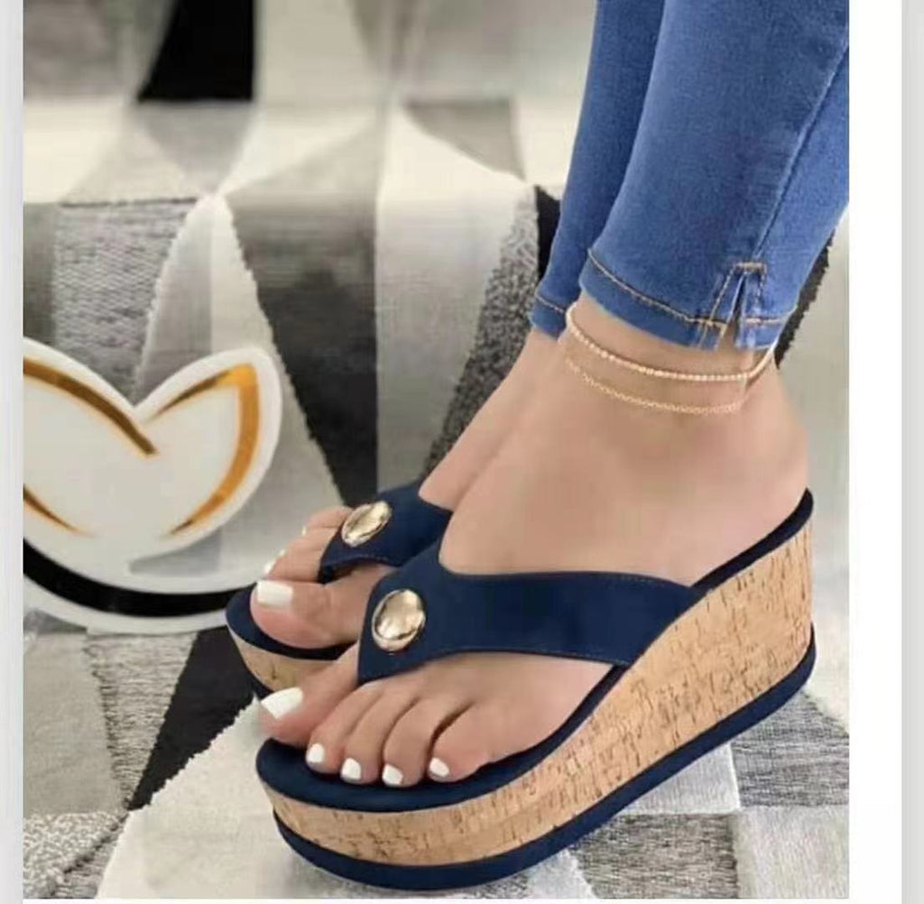 Mules à talon compensé pour femmes avec semelle en liège élégante et sangles décoratives R&B