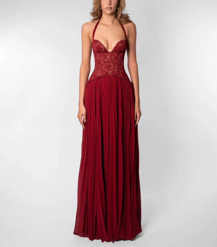 Robe corset à col halter pour femmes avec corsage en dentelle et jupe plissée fluide R&B