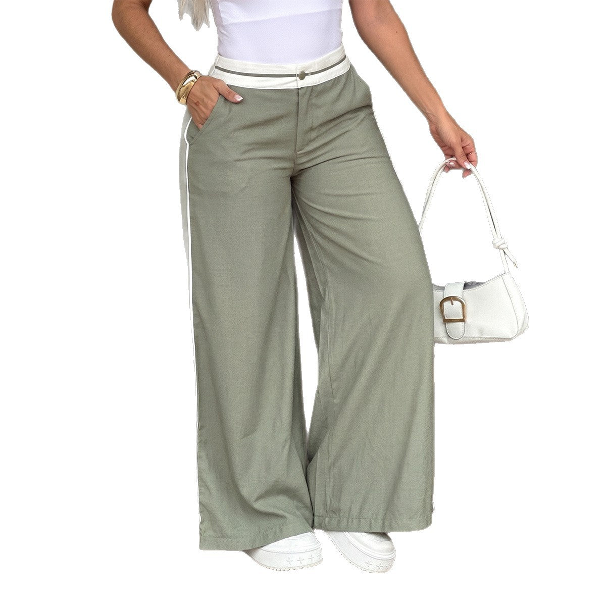 Pantalon palazzo taille haute pour femmes avec passepoil contrasté et ceinture Echo Archiv