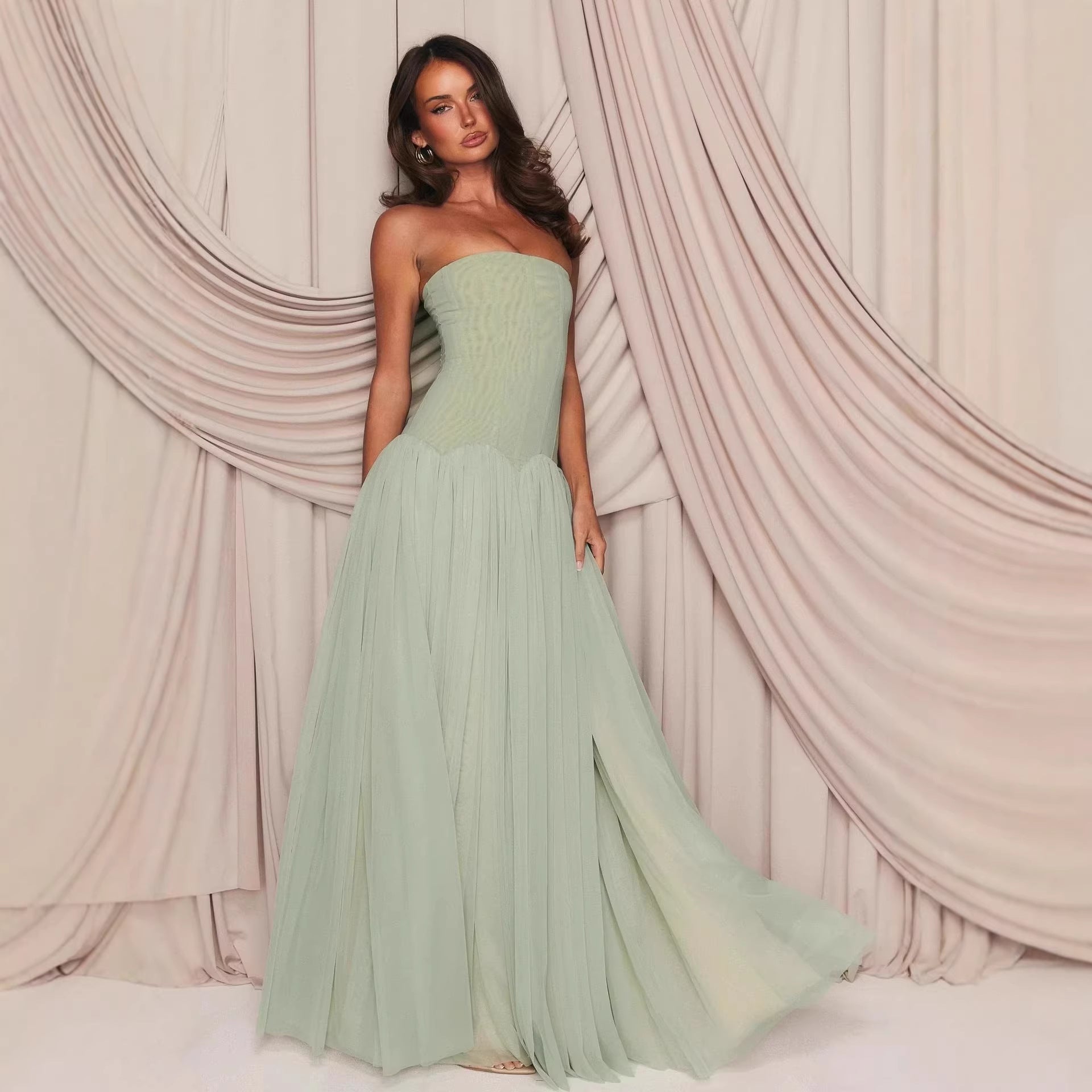 Robe maxi élégante sans bretelles pour femmes avec jupe en tulle fluide Heidi-Mode