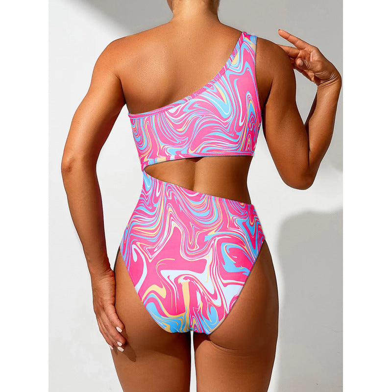 Ensemble de bikini femme à une épaule avec motif coloré et décolleté plongeant R&B
