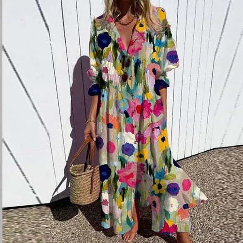 Robe Maxi Fluide pour Femmes avec Boutonnage Intégral, Décolleté en V et Imprimé Ethnique Echoarchiv