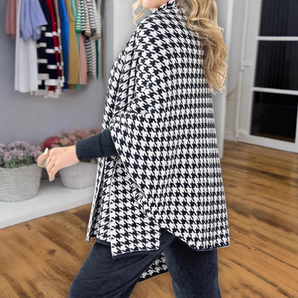 Poncho Oversized pour Femmes avec Motif Pied-de-Poule et Col Châle Ouvert Echo Archiv