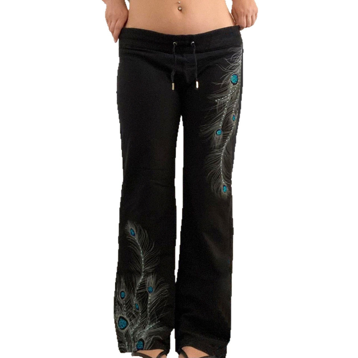 Pantalon de lounge large pour femmes avec cordon de serrage, taille confortable et imprimé de plume de paon Echo Archiv