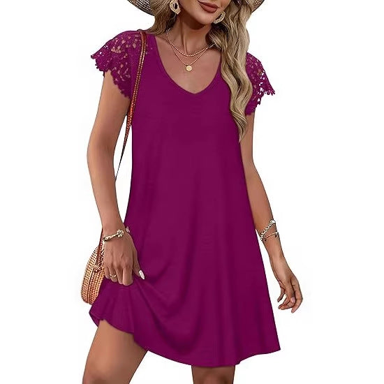 Robe d'été pour femmes avec des manches en dentelle élégantes et un motif floral R&B