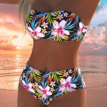 Ensemble de bikini bandeau pour femmes avec culotte taille haute et motif floral tropical R&B
