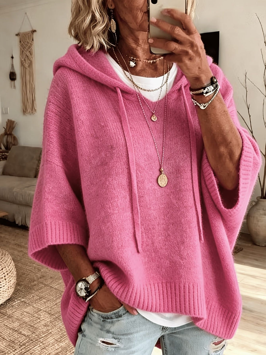 Poncho en tricot oversized avec capuche et manches courtes pour femmes Echo Archiv