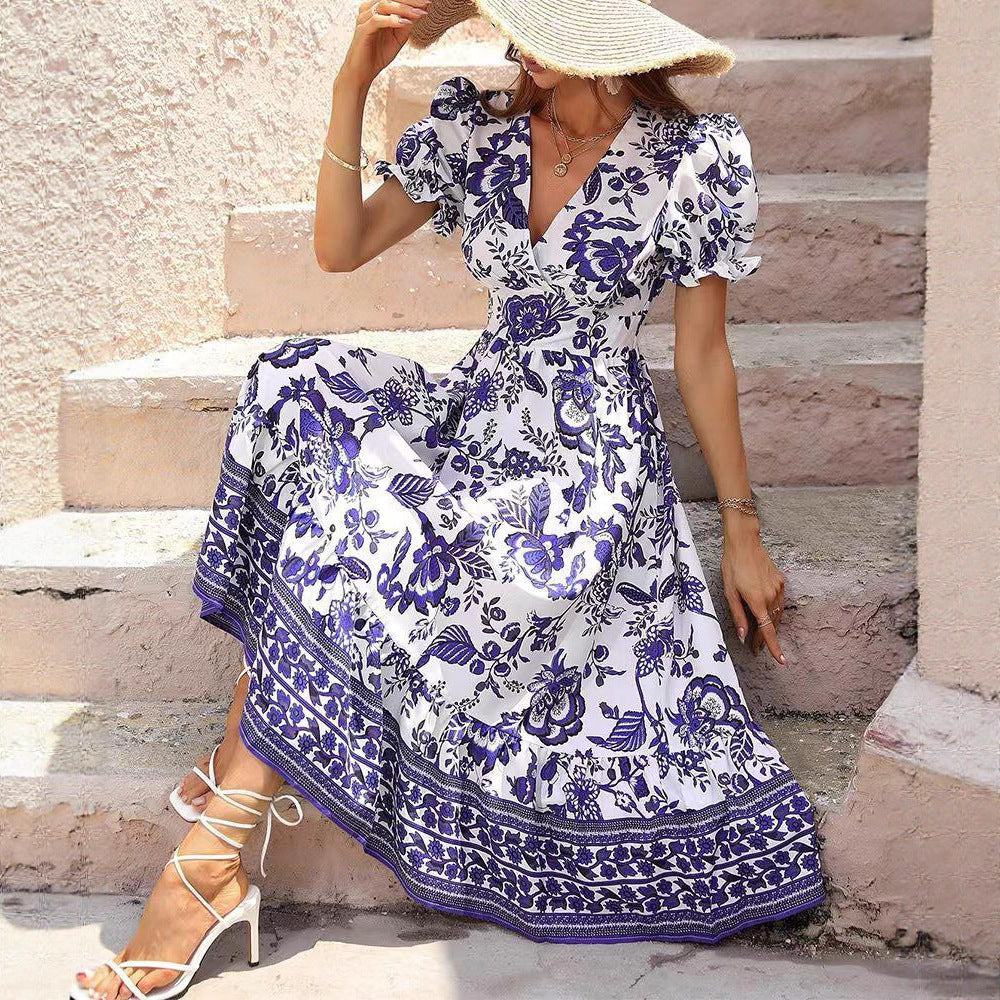 Robe maxi Boho cintrée pour femmes avec décolleté en V, manches bouffantes et jupe à volants R&B