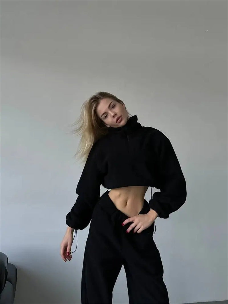 Sweat-shirt cropped en polaire pour femmes avec demi-zip et cordon de serrage Echoarchiv