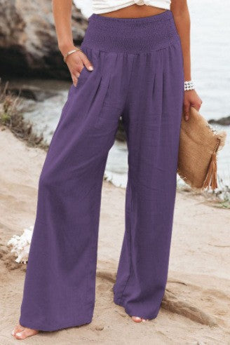 Pantalons larges smockés taille haute en mélange de lin pour femmes Echoarchiv