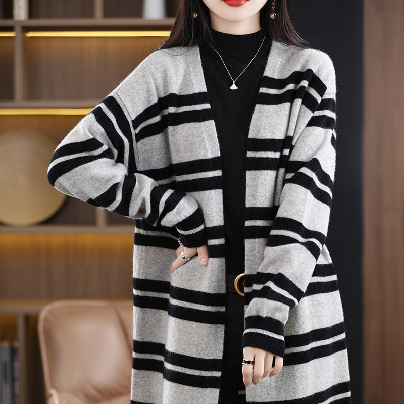 Cardigan long oversize pour femmes avec rayures