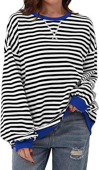 Sweat-shirt à rayures oversize décontracté pour femmes avec manches raglan et bords contrastés Echoarchiv