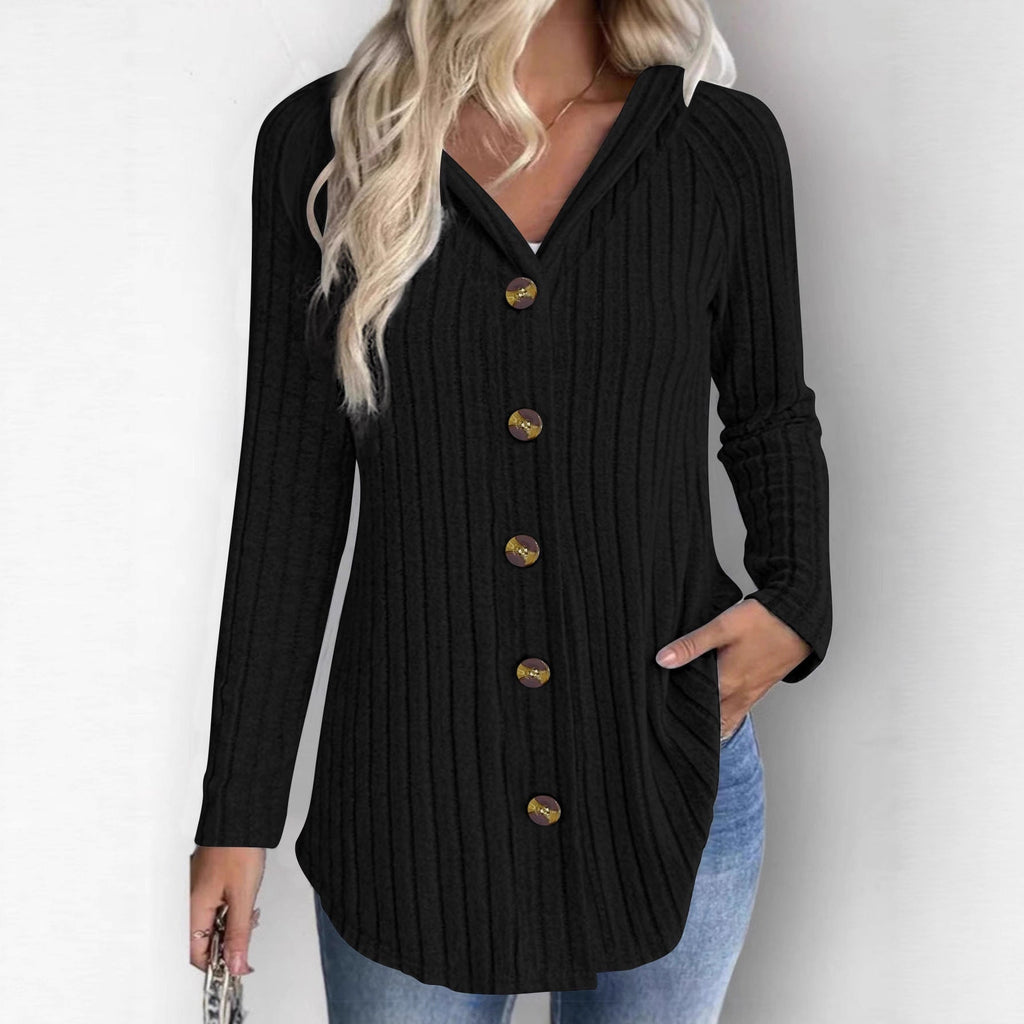 Blouse Cardigan à Capuche Rippée pour Femmes avec Boutonnage en Bois et Manches Froncées Echoarchiv
