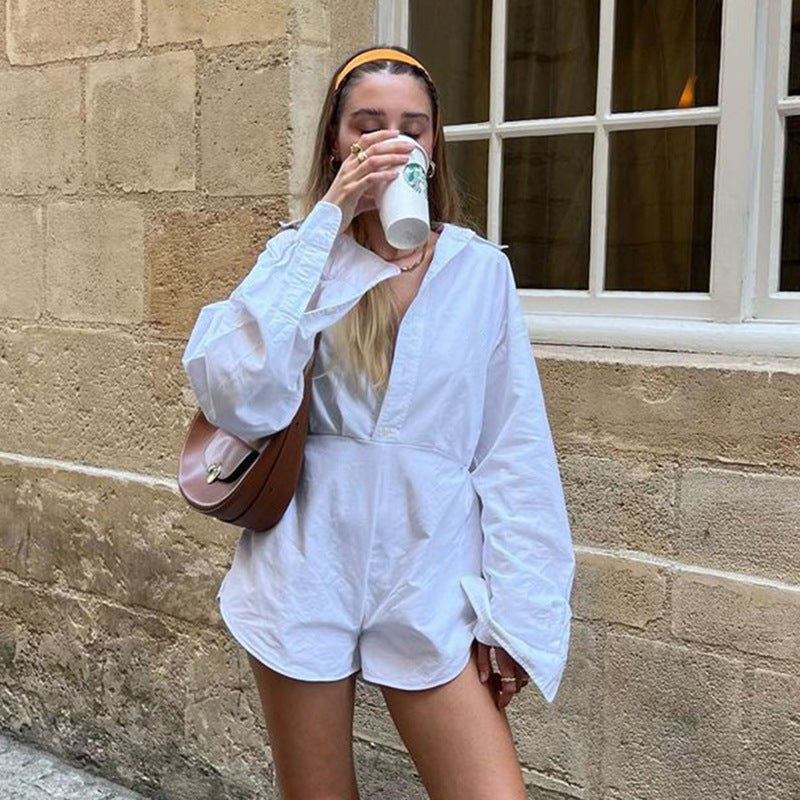 Rompers chemisier ajusté pour femmes avec manches longues, patte de boutonnage cachée et taille sculptante Echo Archiv