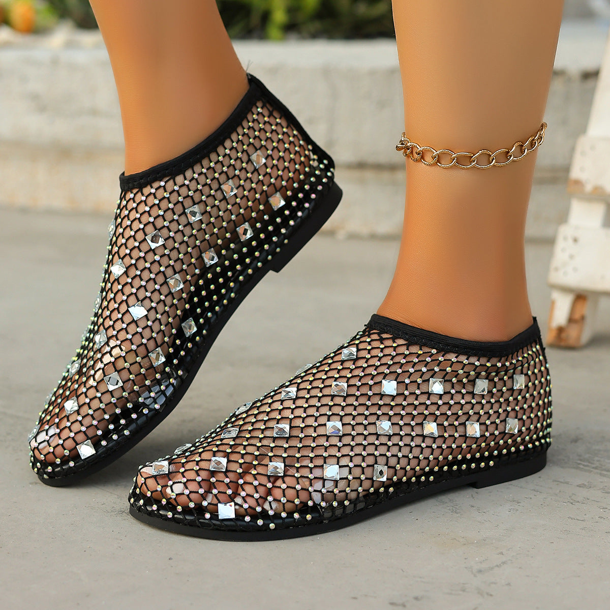 Sandales en filet pour femmes avec des appliques en strass scintillantes R&B