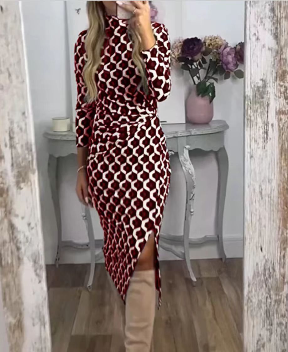 Robe midi ajustée pour femmes avec motif géométrique en nid d'abeille, col montant et fente latérale Echoarchiv