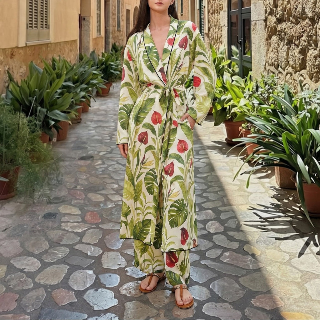 Manteau Kimono Long pour Femmes avec Ceinture à la Taille et Pantalon Palazzo Ample en Imprimé Tropical Echoarchiv