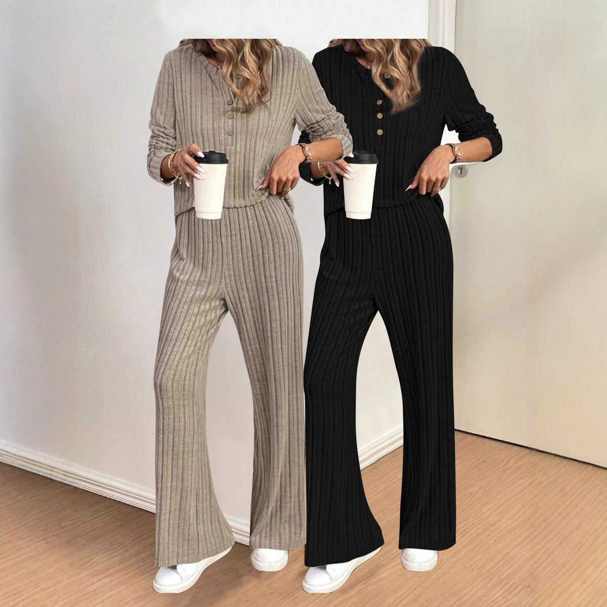 Ensemble Lounge Rippé pour Femmes avec Haut Henley et Pantalon Palazzo Echoarchiv