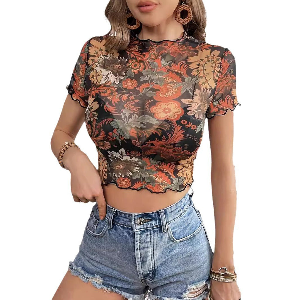 Top en maille raccourci pour femmes avec motif floral semi-transparent, col montant et ourlet ondulé R&B