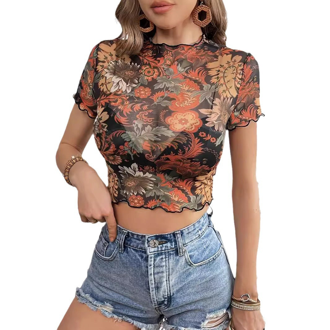 Top en maille raccourci pour femmes avec motif floral semi-transparent, col montant et ourlet ondulé R&B