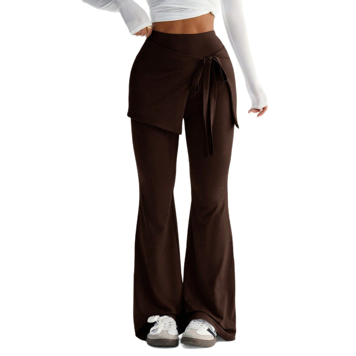 Pantalon à taille haute pour femmes avec superposition de jupe portefeuille et nœud à la taille