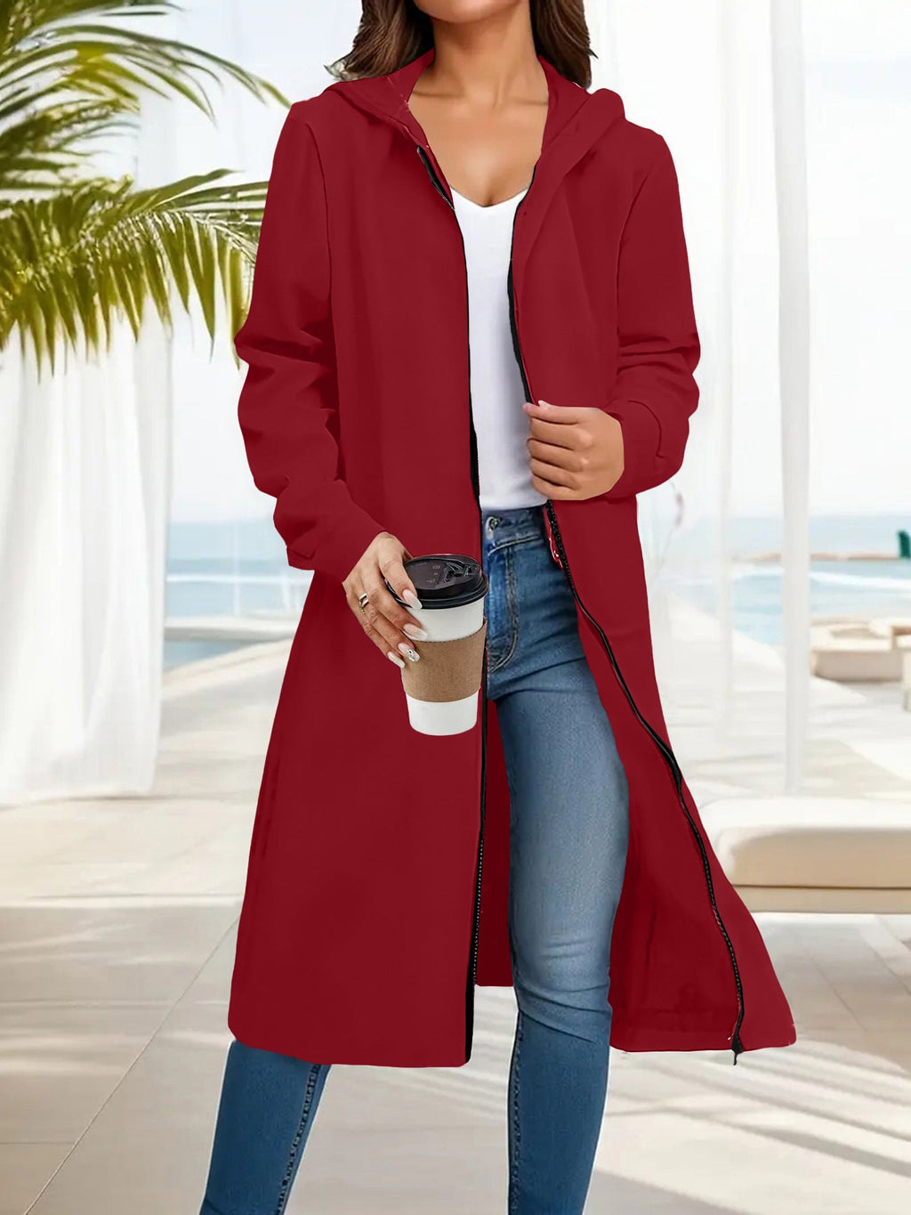 Manteau long à capuche pour femmes avec fermeture éclair intégrale et coupe A décontractée Echoarchiv