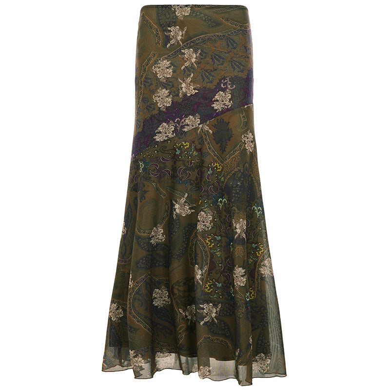Jupe longue et élégante pour femmes au style vintage avec motif floral et coupe fluide R&B