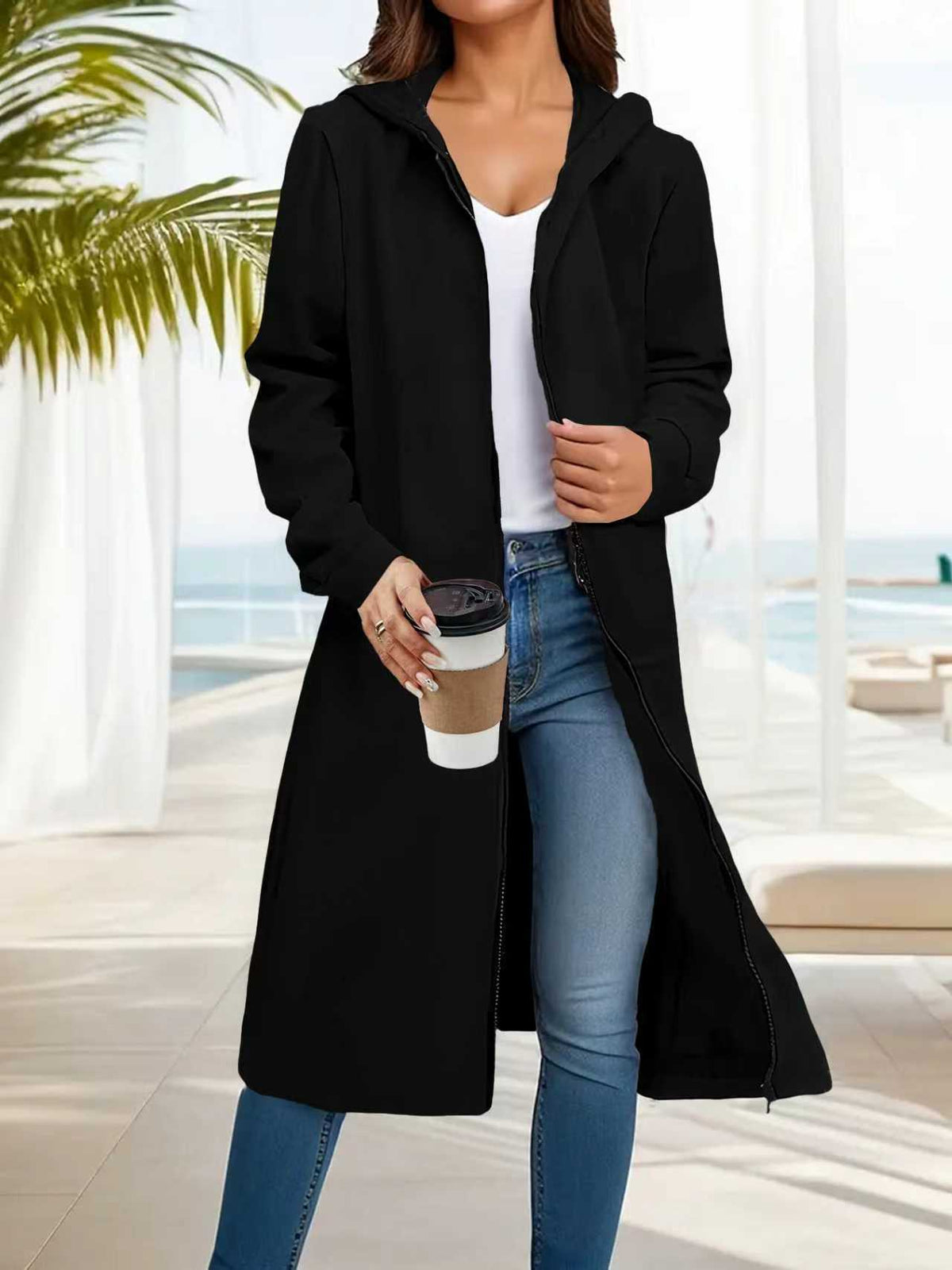 Manteau long à capuche pour femmes avec fermeture éclair intégrale et coupe A décontractée Echoarchiv