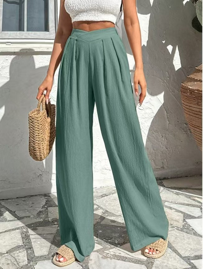 Pantalon en lin taille haute pour femmes avec jambe large et ps