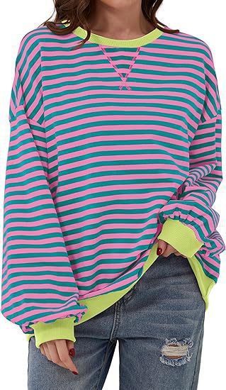 Sweat-shirt à rayures oversize décontracté pour femmes avec manches raglan et bords contrastés Echoarchiv