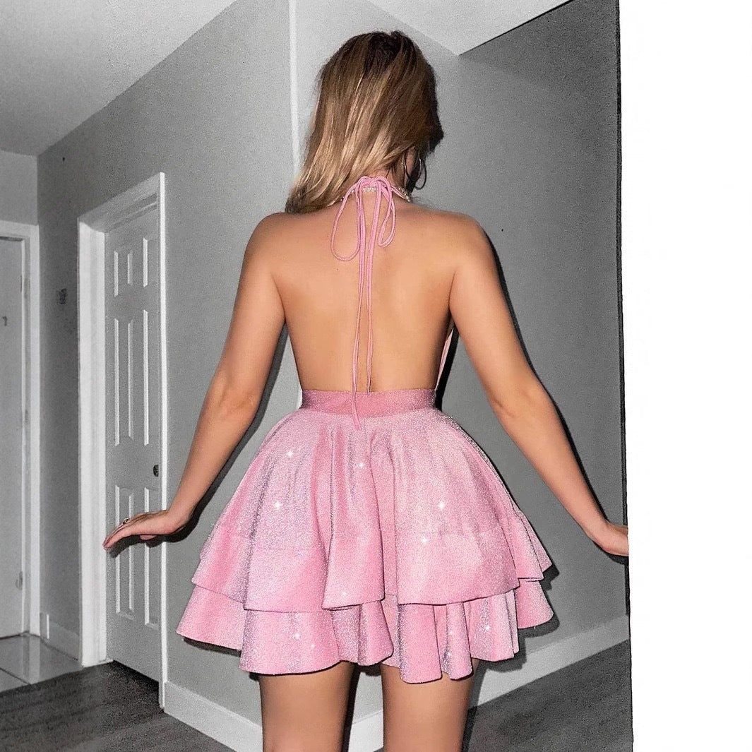 Robe Mini Glamour Joueur pour Femmes avec Décolleté en V Profond et Jupe Flottante R&B