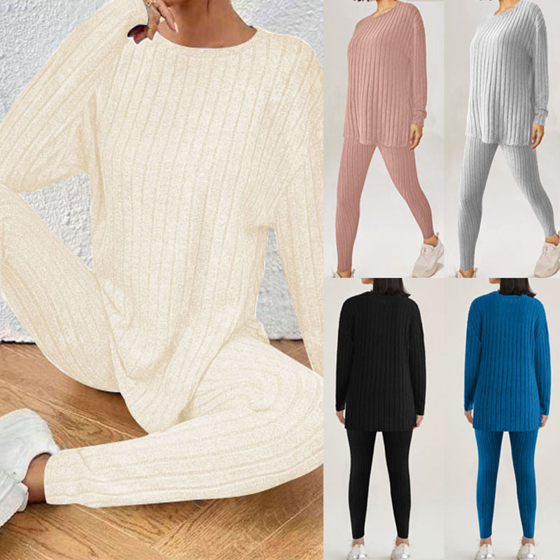 Ensemble Relax en Tricot Rippé pour Femmes avec Col Rond et Jogger Slim Echoarchiv