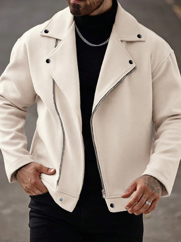 Veste de moto oversize pour hommes en mélange de laine avec fermeture éclair asymétrique et détails à boutons-pression