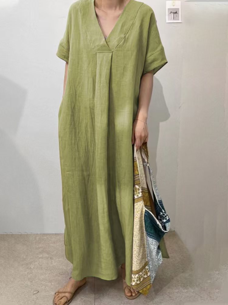 Robe longue en lin pour femmes avec décolleté en V et coupe décontractée R&B