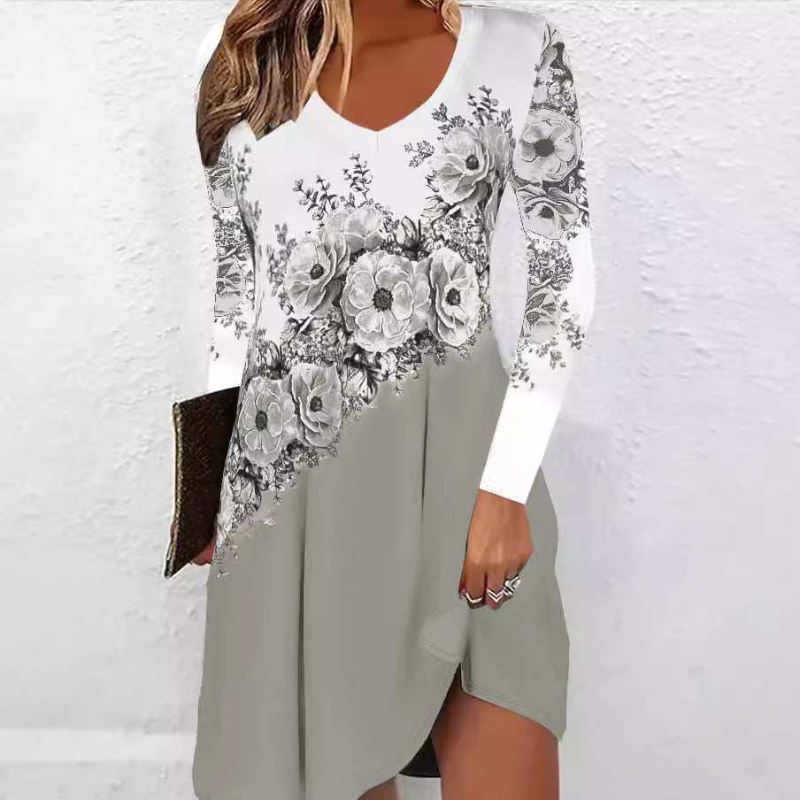 Robe courte à décolleté en V pour femmes avec bordure imprimée florale et manches longues Echoarchiv