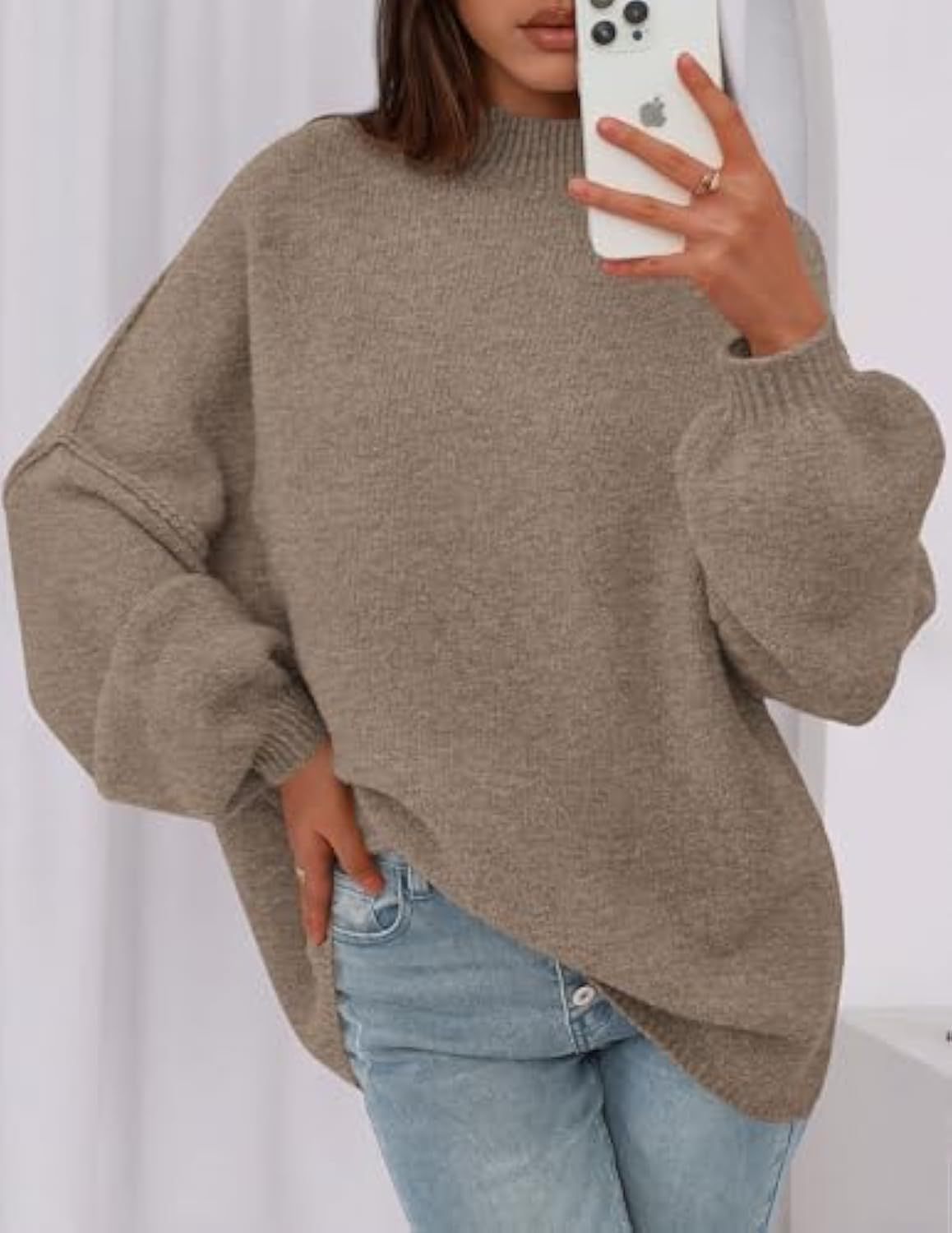 Pull en maille oversize pour femmes avec col montant et manches ballon