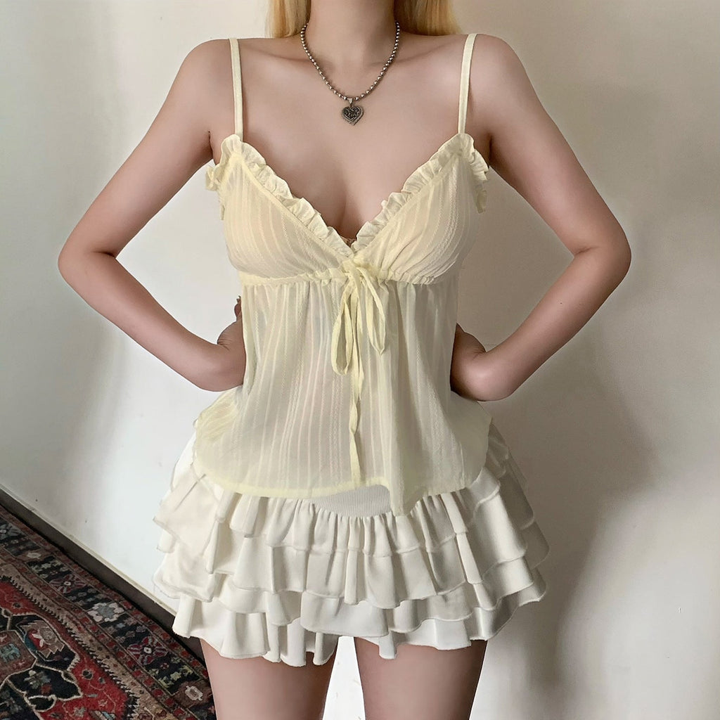 Débardeur léger à bretelles spaghetti pour femmes avec un design de volants ludique et une taille ajustable R&B