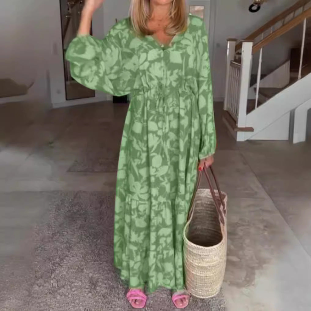 Robe maxi à volants pour femmes avec décolleté en V, taille ajustable et manches ballon R&B