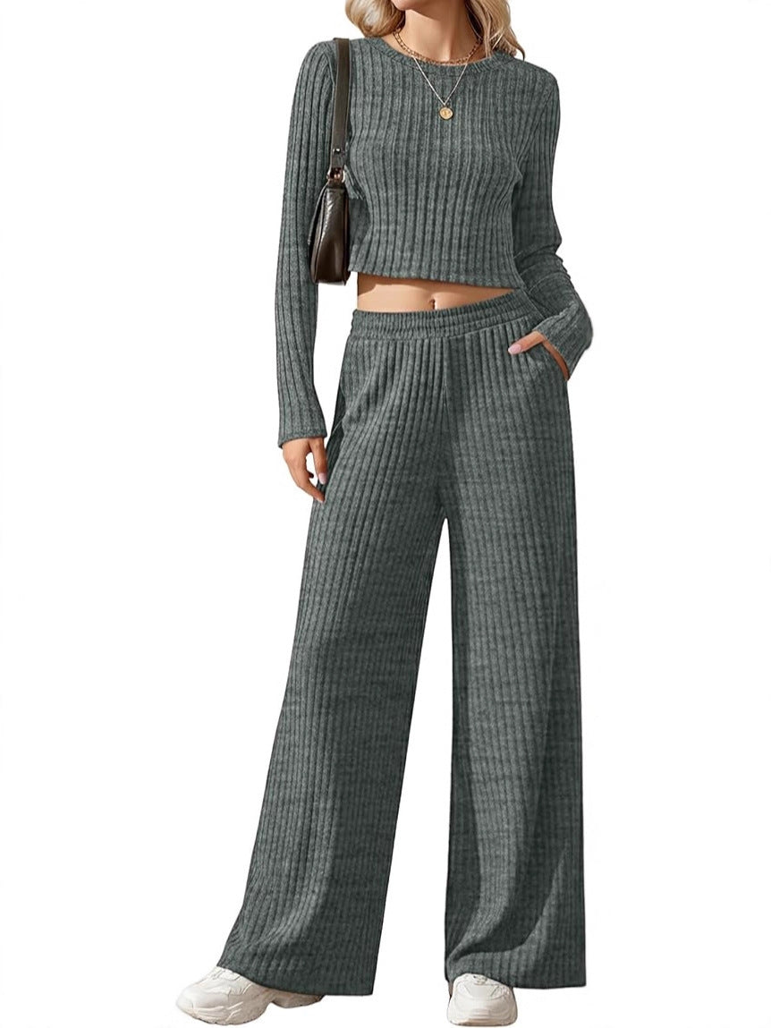 Ensemble Lounge en Tricot Fins Côtelé pour Femmes avec Top à Manches Longues Court et Pantalon Palazzo Taille Haute Echoarchiv