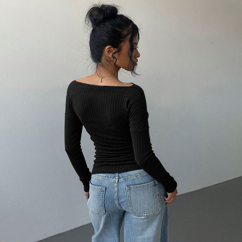 T-shirt à manches longues côtelé sans épaules pour femmes avec fronces ajustées et stretch sculptant