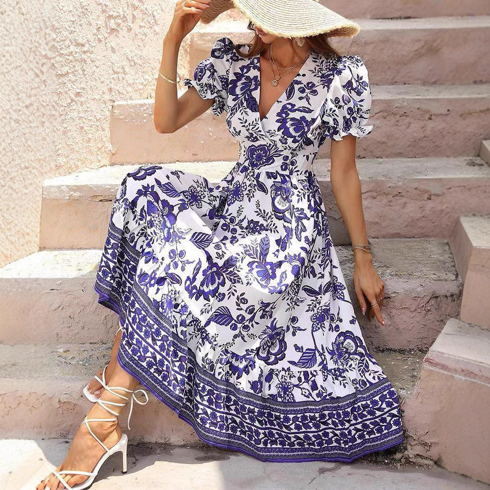 Robe maxi Boho cintrée pour femmes avec décolleté en V, manches bouffantes et jupe à volants R&B