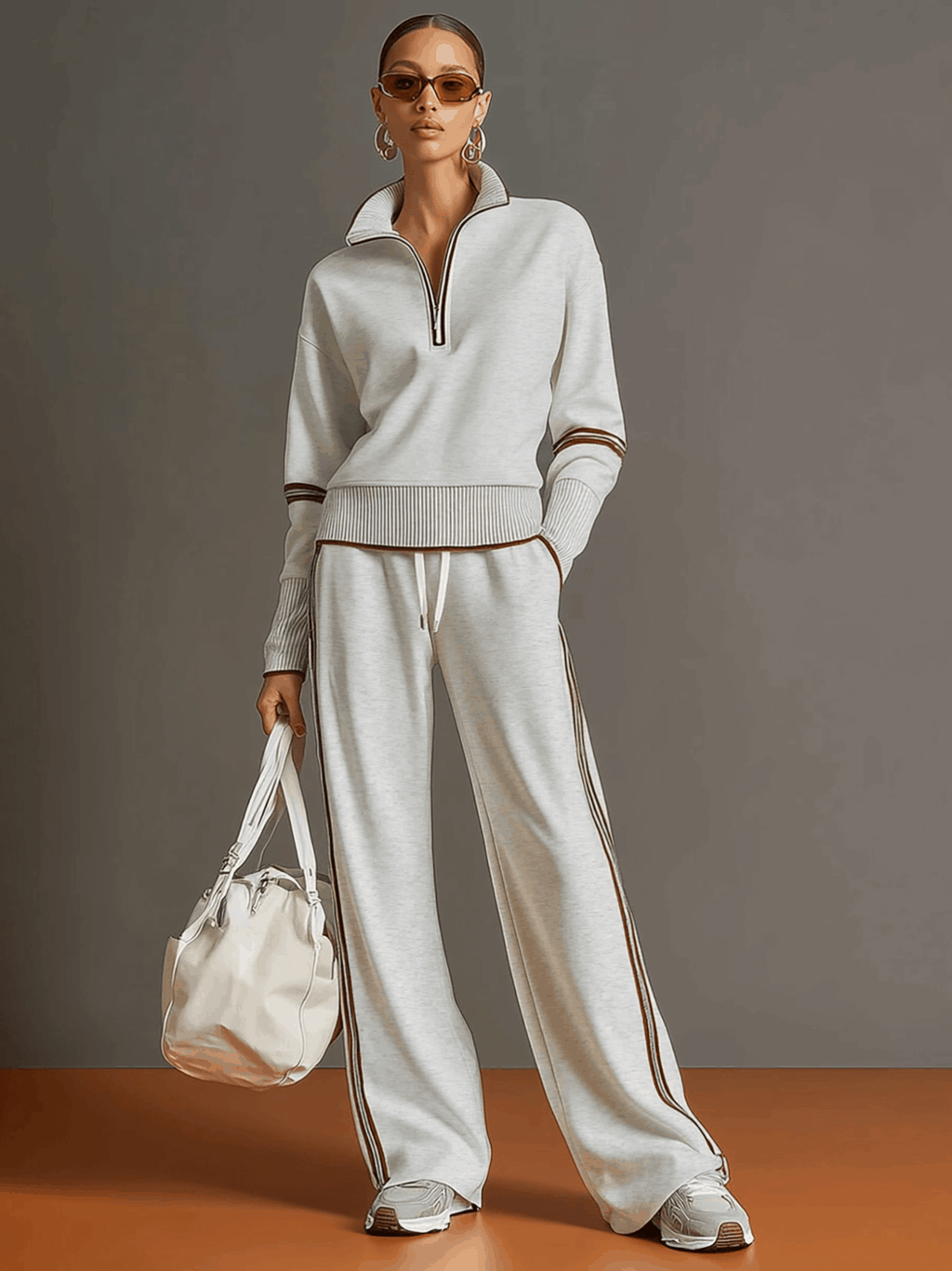 Sweat-shirt à demi-zip gris et blanc inspiré du vintage avec un ensemble de pantalon ample