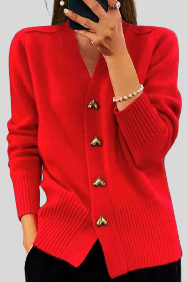 Cardigan Élégant à Col V avec Boutons en Forme de Cœur