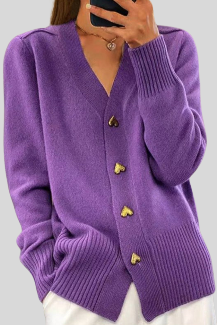 Cardigan Élégant à Col V avec Boutons en Forme de Cœur