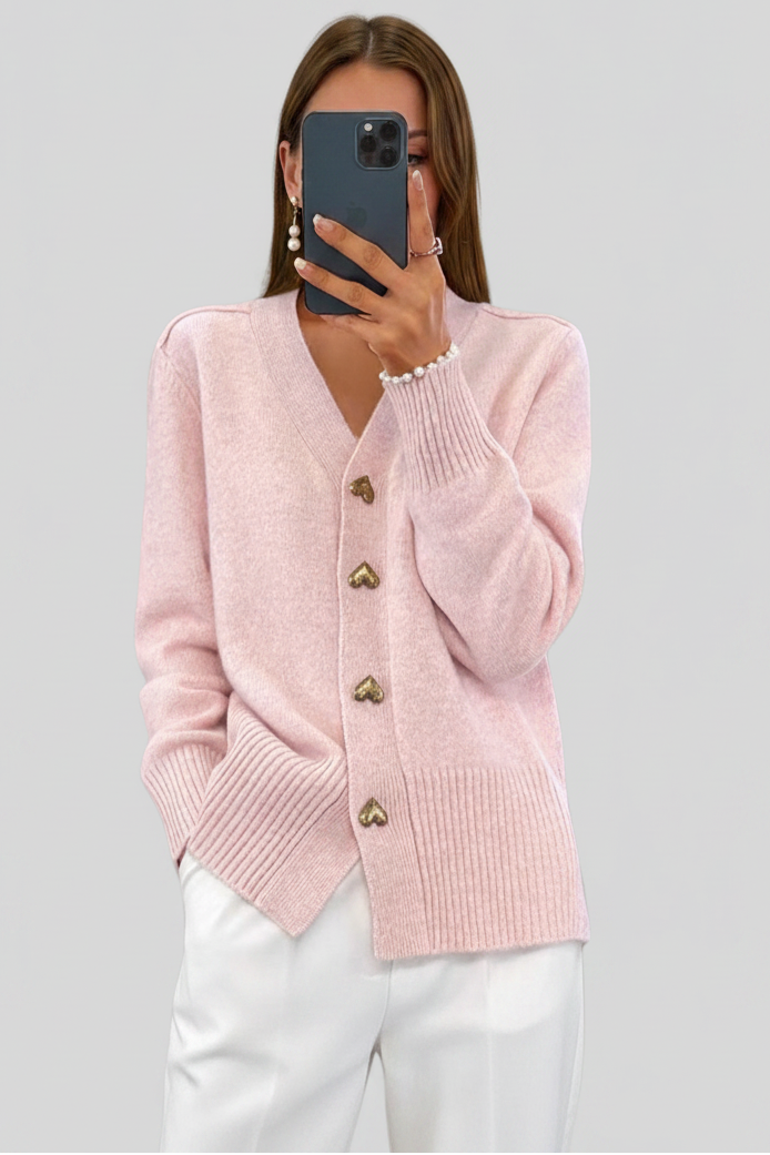 Cardigan Élégant à Col V avec Boutons en Forme de Cœur