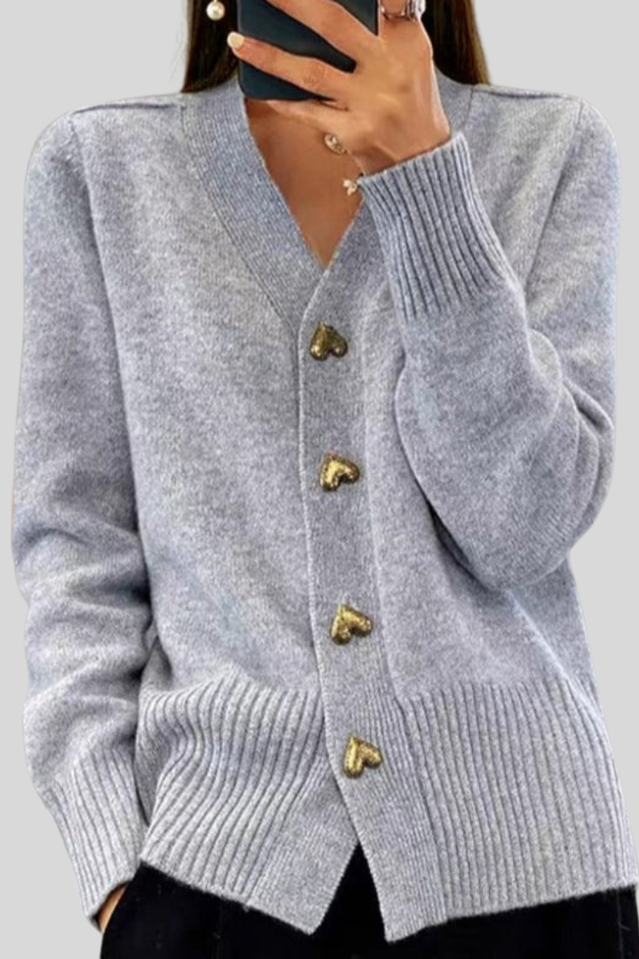Cardigan Élégant à Col V avec Boutons en Forme de Cœur