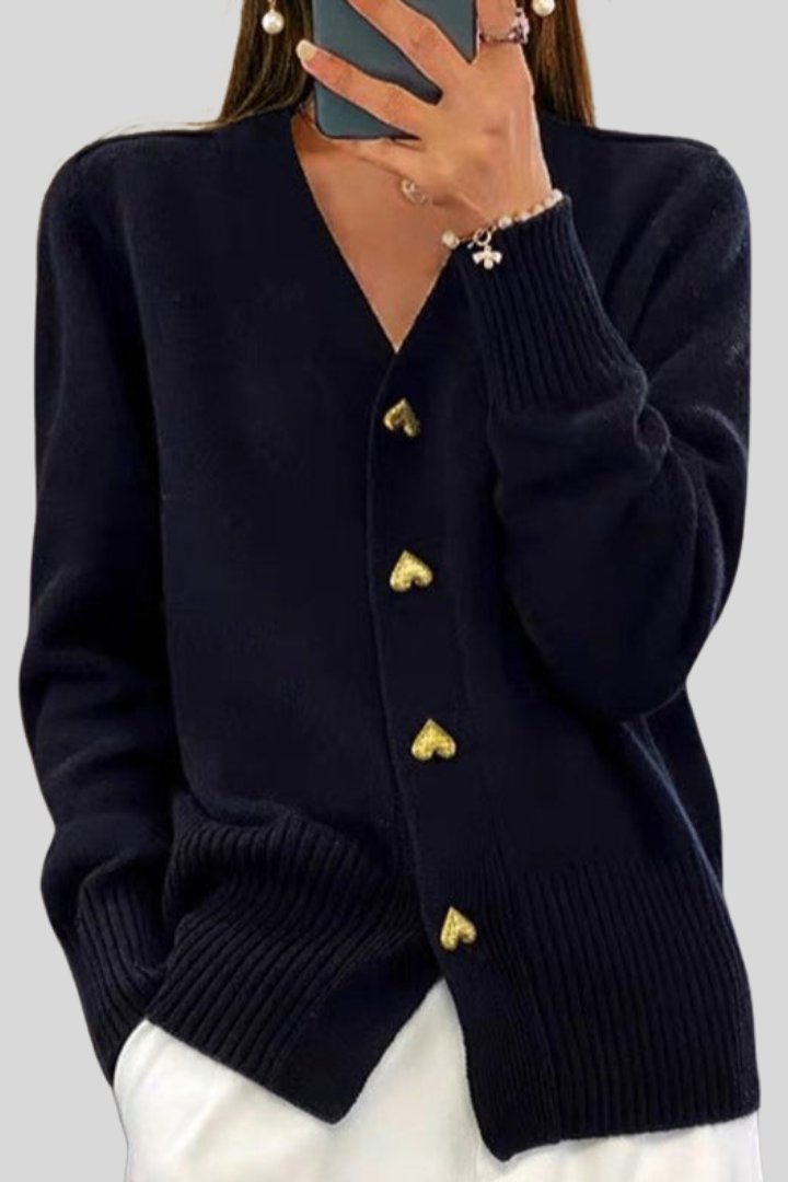 Cardigan Élégant à Col V avec Boutons en Forme de Cœur
