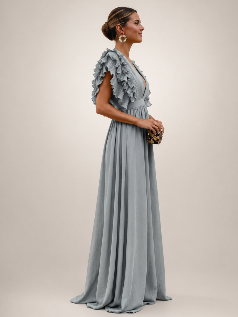 Angelina | Robe maxi dos nu avec manches volantées