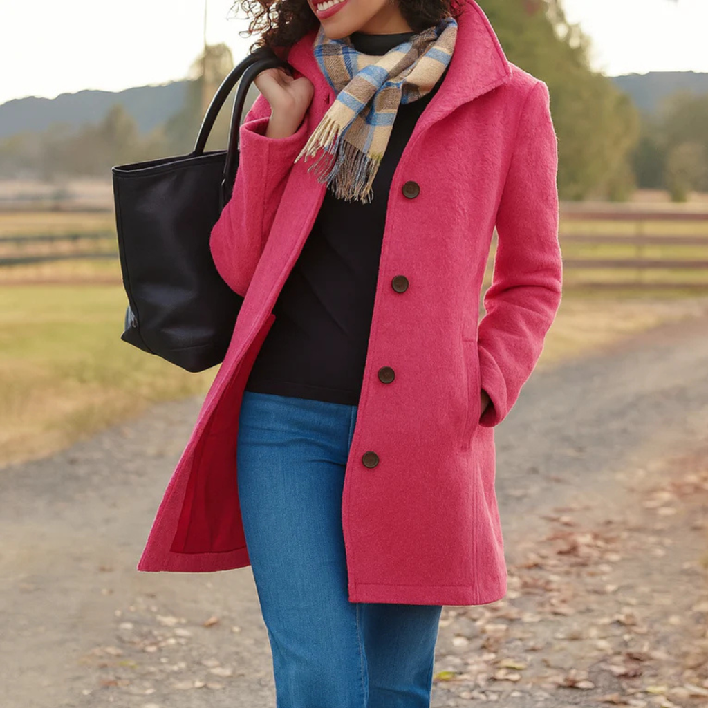 Manteau long femme boutonné à col montant élégant