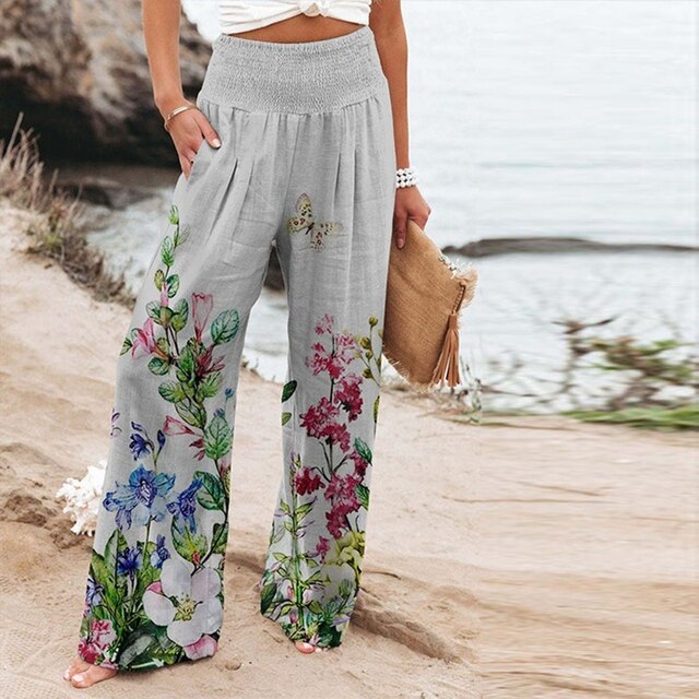 Garlie | Pantalon large floral pour femmes taille haute décontracté été